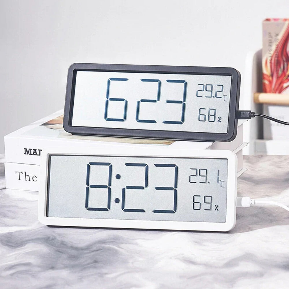 LCD Digital Wall Clock with Temperature, Humidity, and Time Display - Battery Powered Desktop Clock