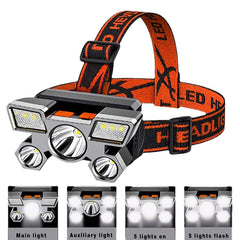 5LED Bright Portable Headlamp USB Rechargeable Built-in 18650 Battery Flashlight Lightweight Outdoor Work Camping Lantern
