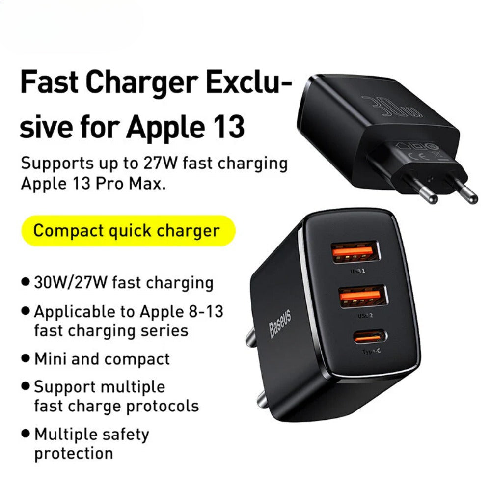 30W 3-Port USB PD Charger, Fast Charging Adapter for iPhone, Hui, Samsung, Xiaomi