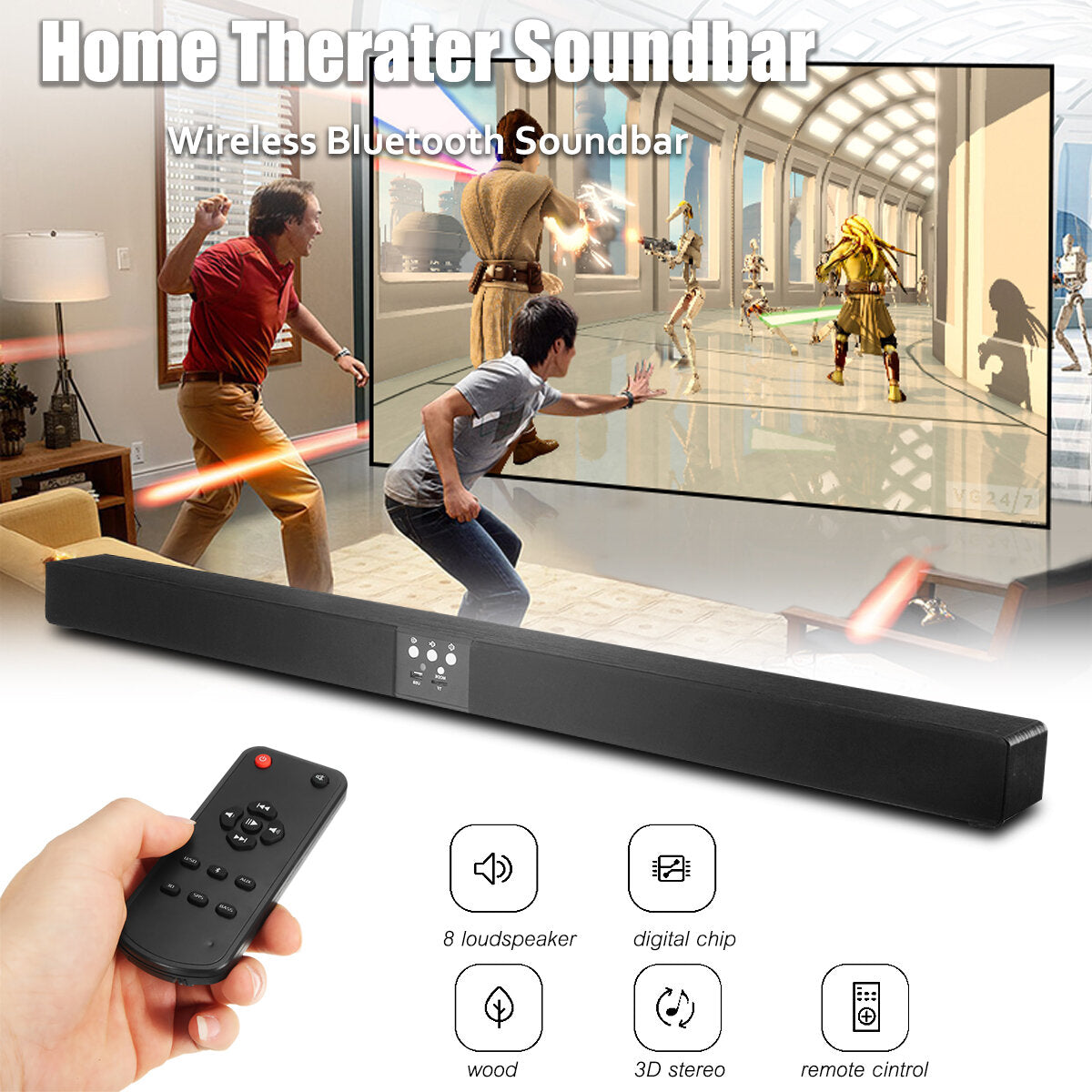 Bluetooth Soundbar Sound Wood 60W Speaker Home TV Theater 3D Player Soundbar Support TF Card Aux