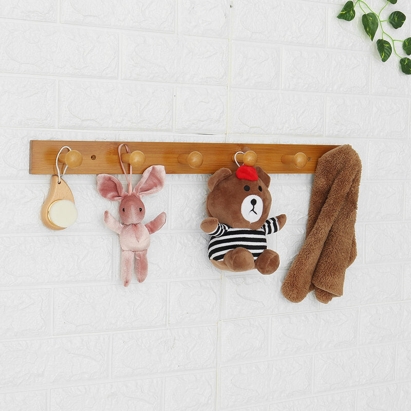 Wall-mounted Clothes Hook Natural Bamboo Coat Hanger Home Key Bag Storage Shelf