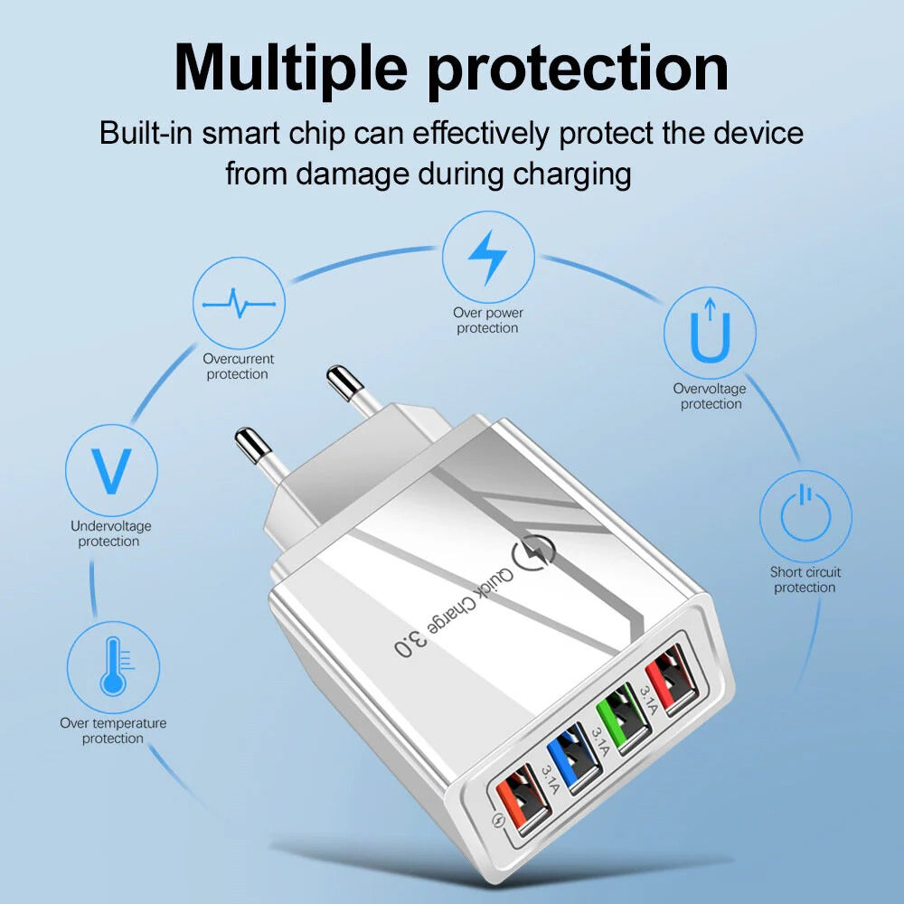 4-Port USB Fast Charger EU Adapter for iPhone 14, Samsung S22, Xiaomi, Hui