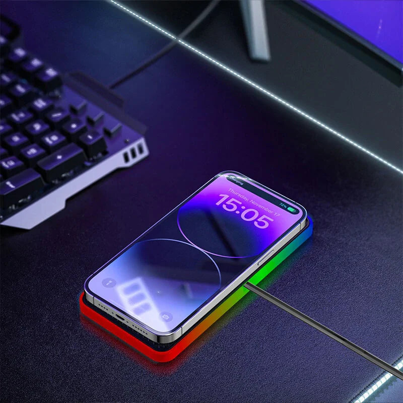 RGB Fast Wireless Charger for Qi Phones: iPhone 15/14/13, Mate60 Pro, AirPods. Includes 1M Cable.