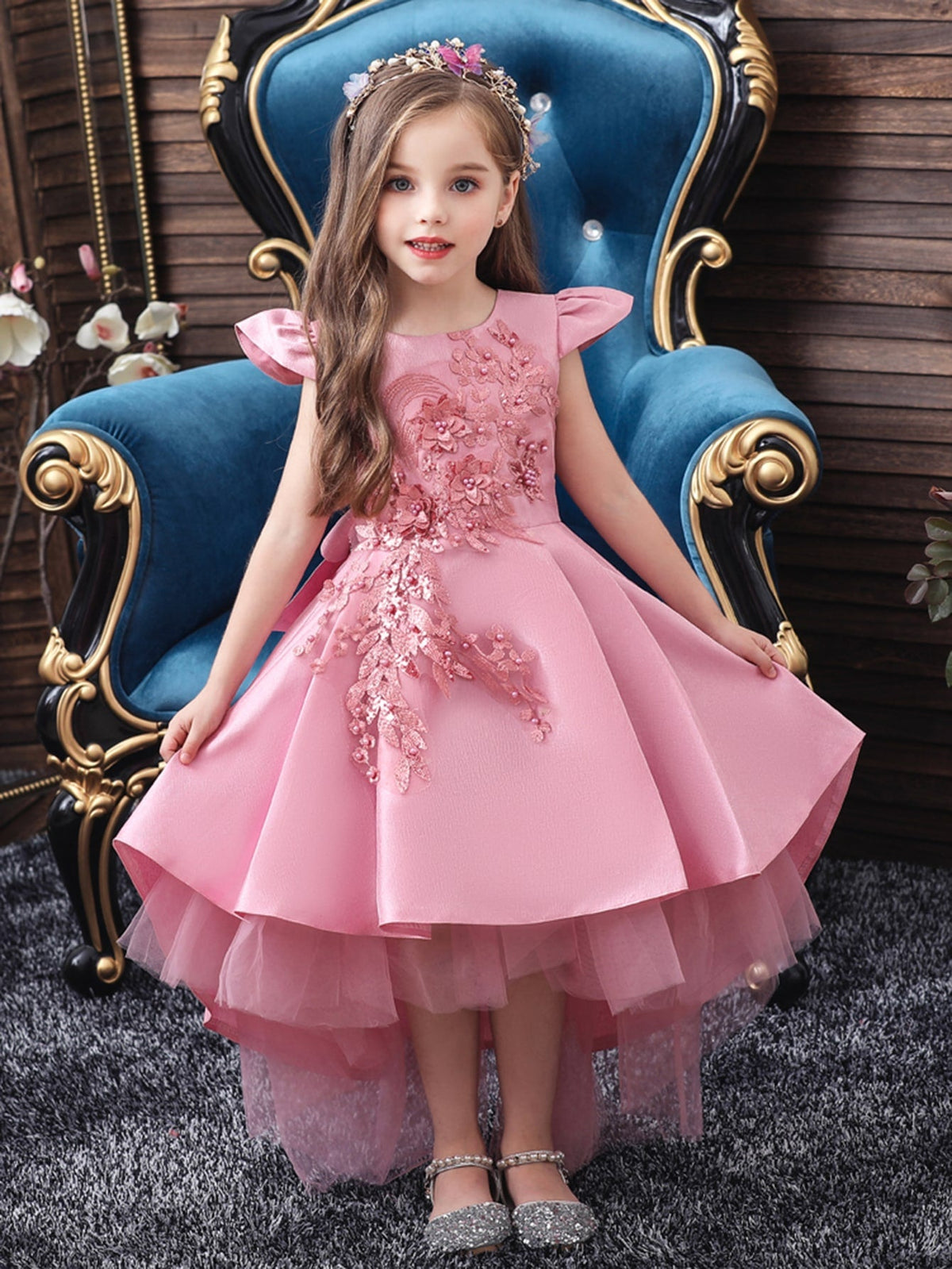 Tween Girl Party Gown Dress - Pearls Appliques, Mesh Panel, Cap Sleeve, High Waist