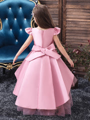 Tween Girl Party Gown Dress - Pearls Appliques, Mesh Panel, Cap Sleeve, High Waist