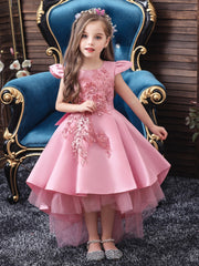 Tween Girl Party Gown Dress - Pearls Appliques, Mesh Panel, Cap Sleeve, High Waist