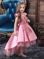 Tween Girl Party Gown Dress - Pearls Appliques, Mesh Panel, Cap Sleeve, High Waist