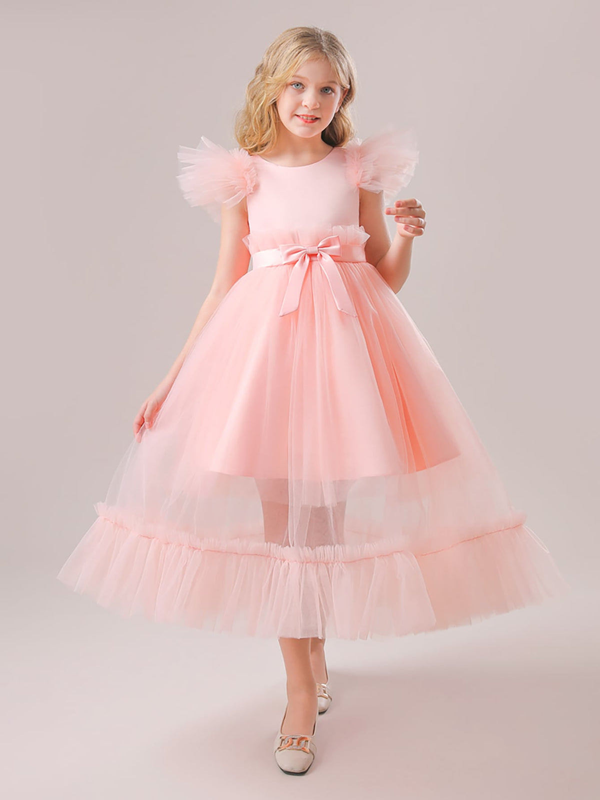 Elegant Tween Girls' Satin & Mesh Party Dress with Waist Bowknot - Cap Sleeve, High Waist