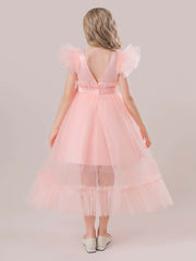 Elegant Tween Girls' Satin & Mesh Party Dress with Waist Bowknot - Cap Sleeve, High Waist