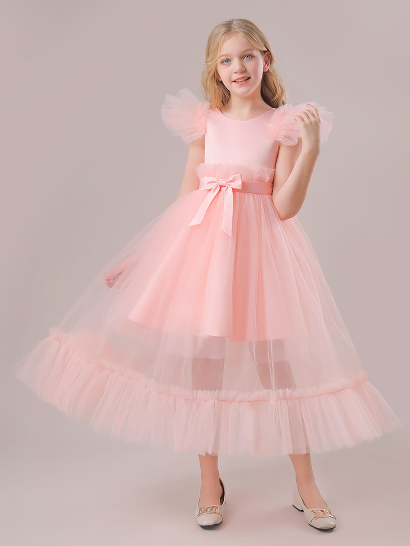 Elegant Tween Girls' Satin & Mesh Party Dress with Waist Bowknot - Cap Sleeve, High Waist