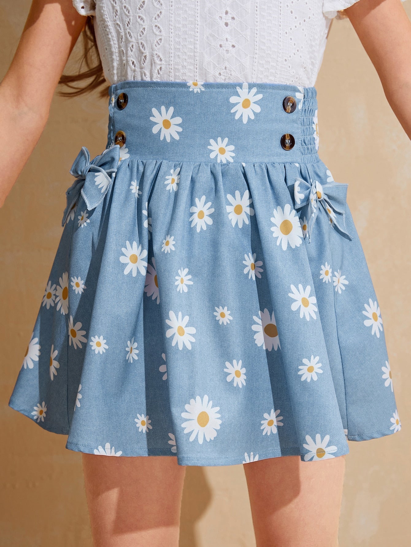 Boho Floral Print Shirred High Waist Skirt for Tween Girls - Short, Flared, Non-Stretch Fabric