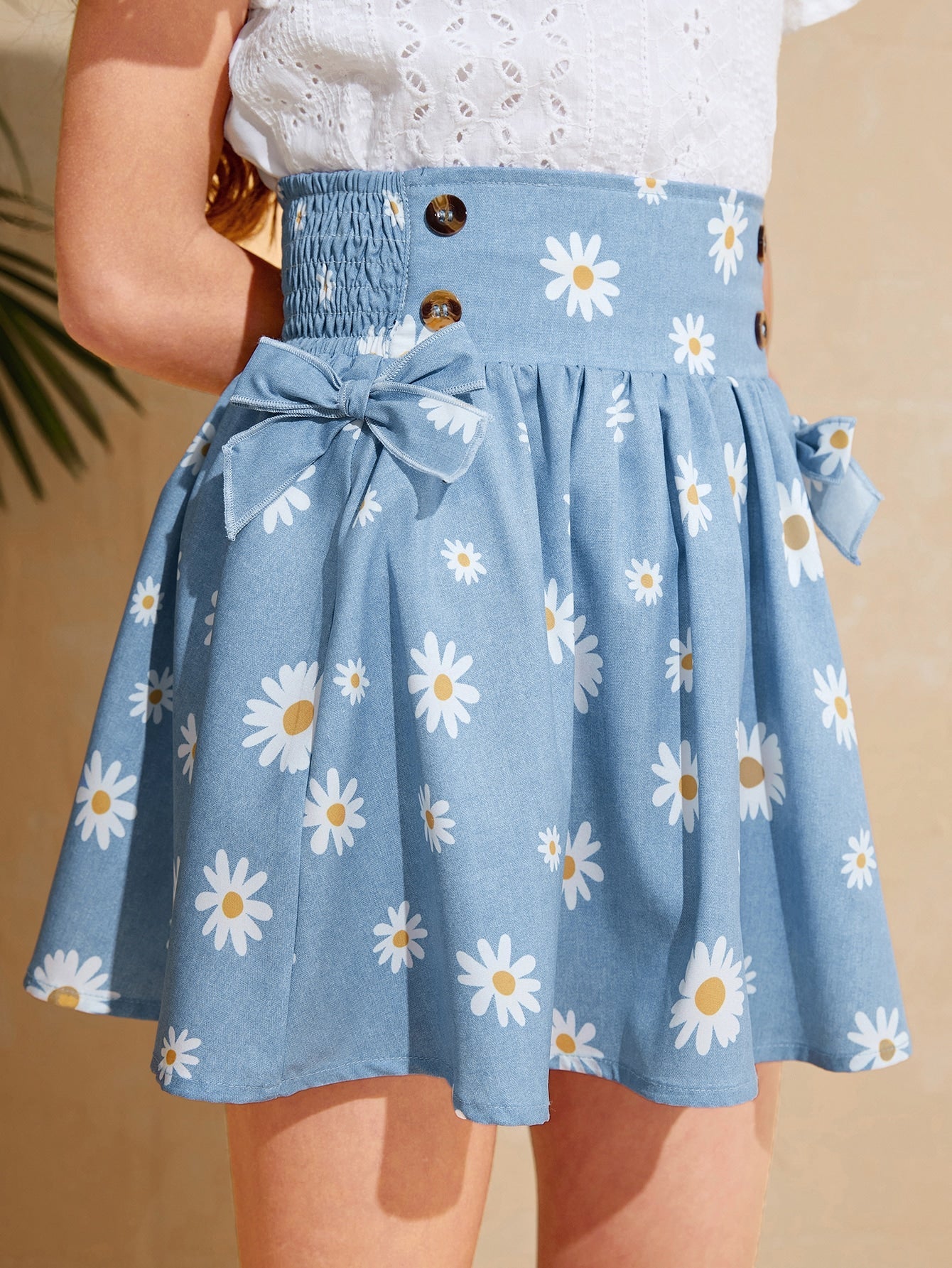 Boho Floral Print Shirred High Waist Skirt for Tween Girls - Short, Flared, Non-Stretch Fabric