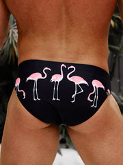 Men's High Stretch Flamingo Print Swim Briefs - 10% Elastane, Machine Washable