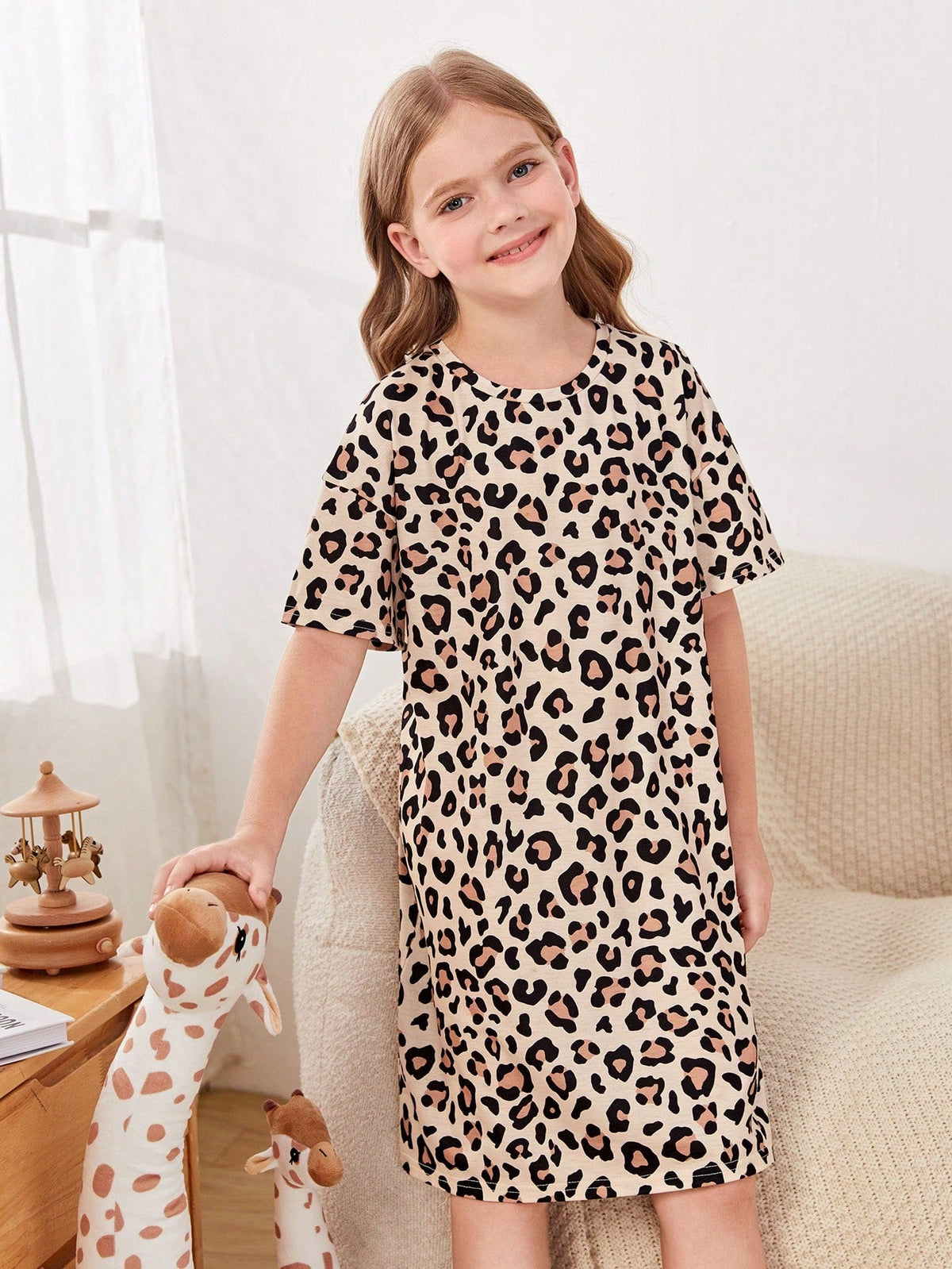 Girls Casual Leopard Print Nightdress - Short Sleeve, Long Length, Round Neck, Stretch Fabric