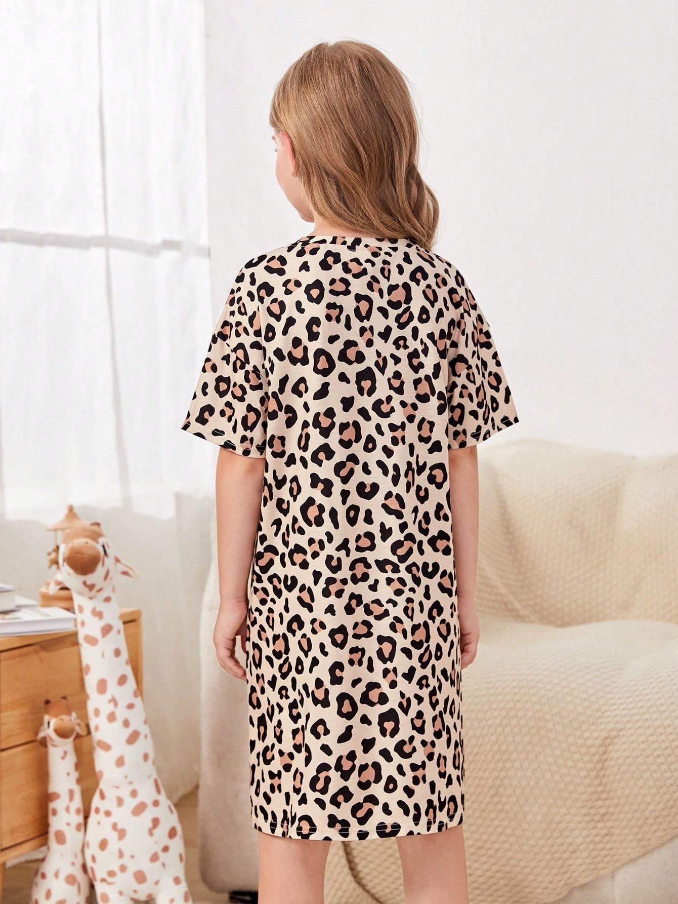 Girls Casual Leopard Print Nightdress - Short Sleeve, Long Length, Round Neck, Stretch Fabric