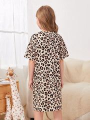 Girls Casual Leopard Print Nightdress - Short Sleeve, Long Length, Round Neck, Stretch Fabric