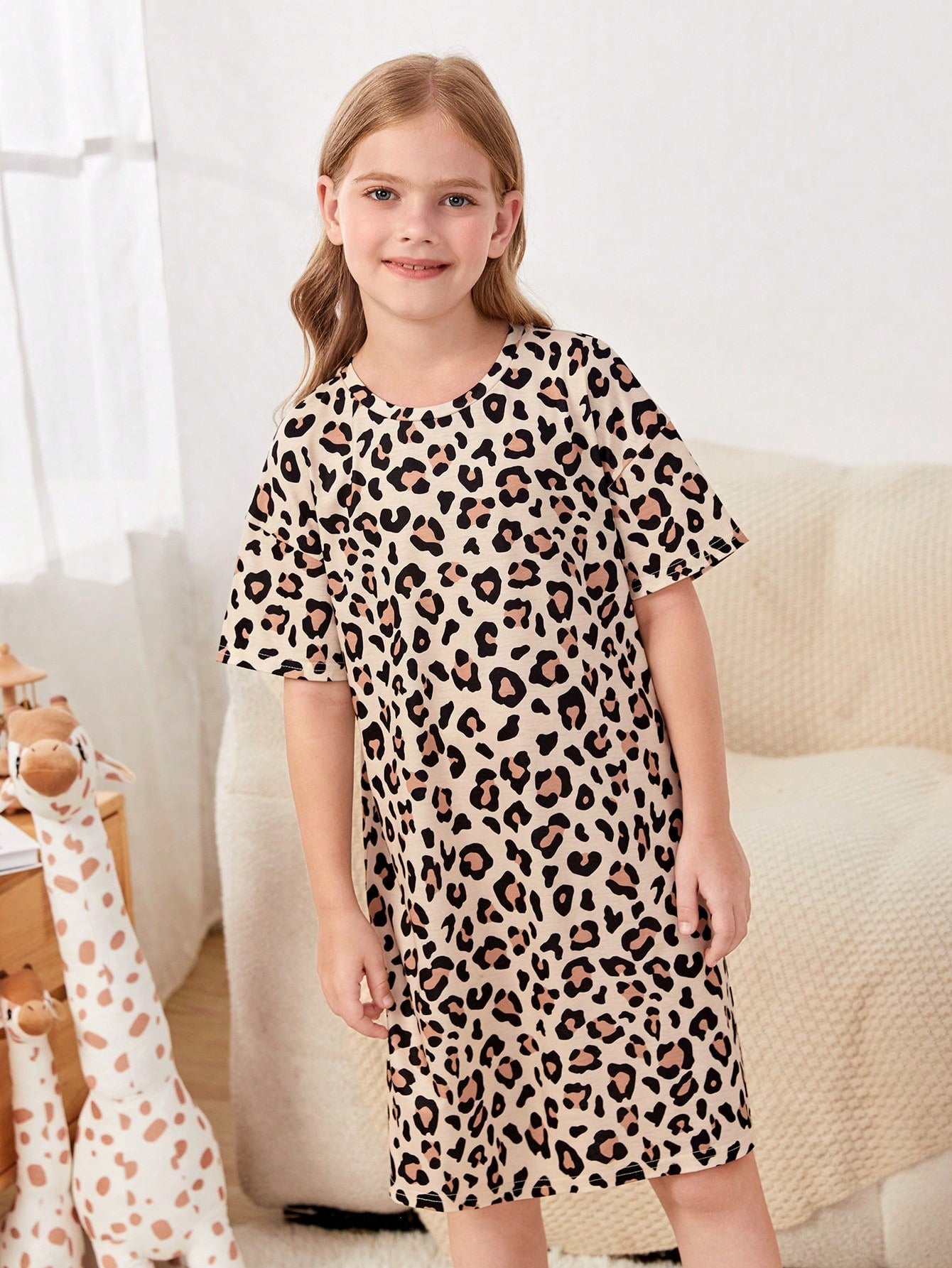 Girls Casual Leopard Print Nightdress - Short Sleeve, Long Length, Round Neck, Stretch Fabric