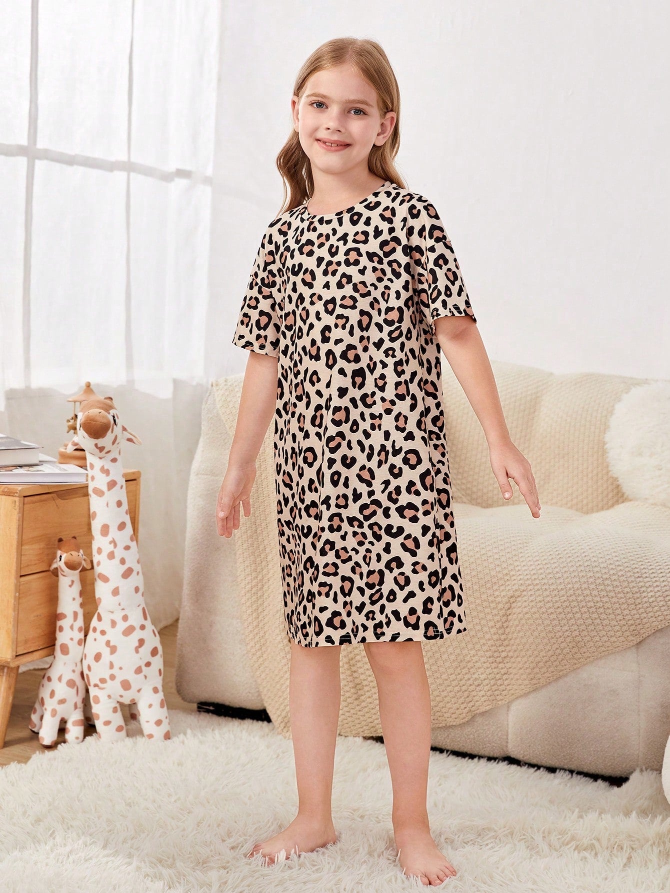 Girls Casual Leopard Print Nightdress - Short Sleeve, Long Length, Round Neck, Stretch Fabric