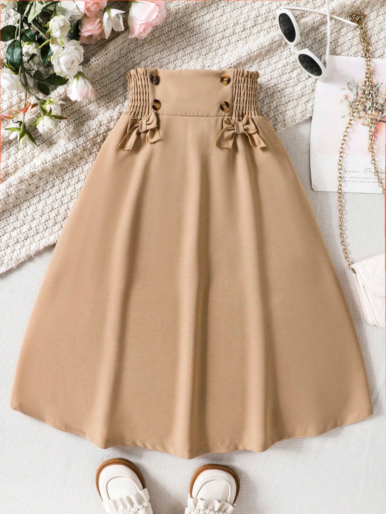 Casual Tween Girl Flare Skirt - Paperbag Waist, Plain, Midi Length, Loose Fit, 100% Polyester