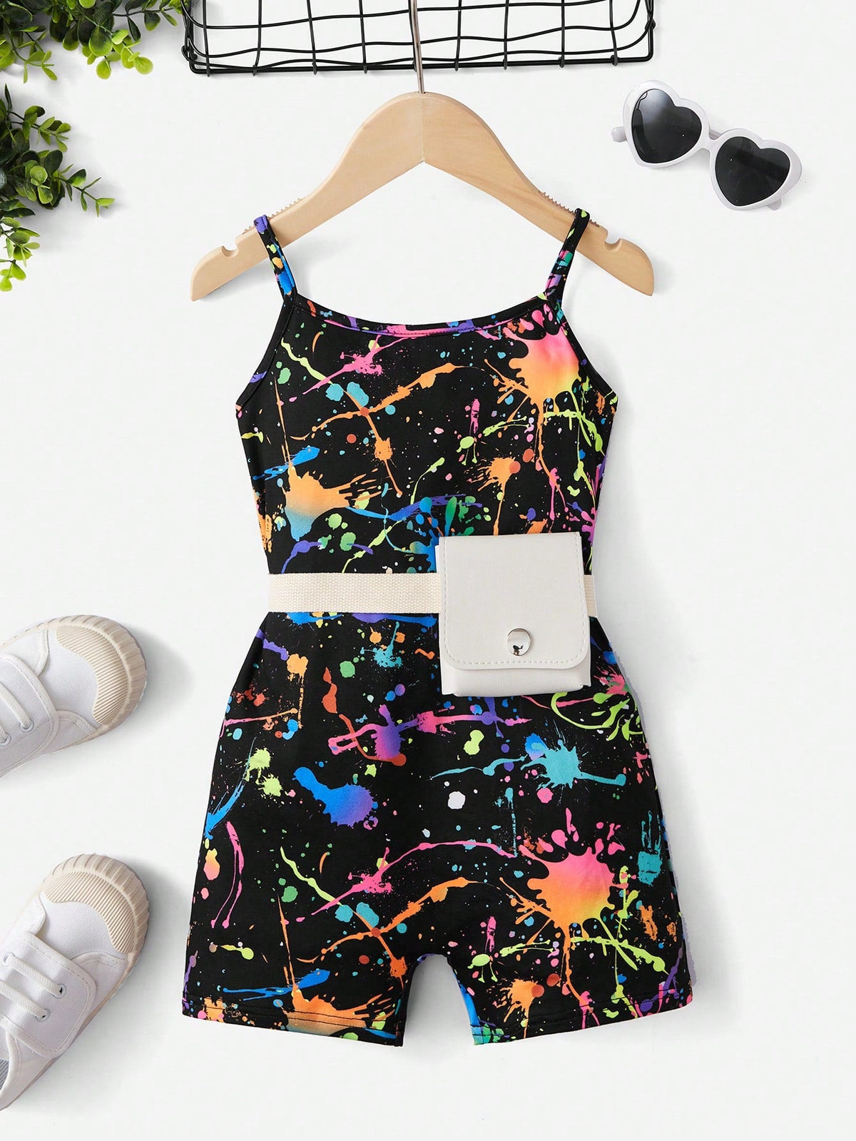 Tween Girl Splash Ink Print Cami Romper - Casual, Sleeveless, Spaghetti Strap, Short Length