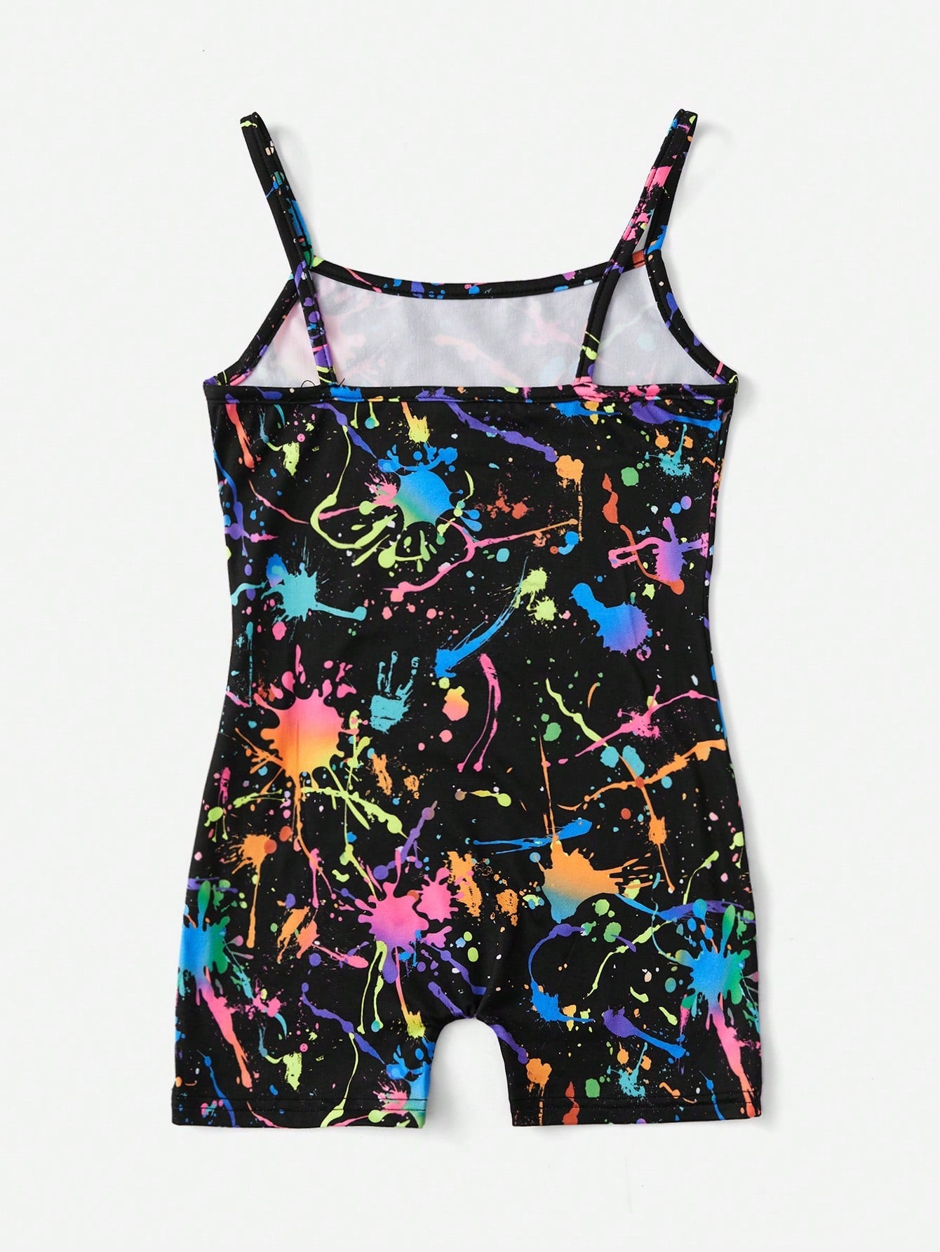 Tween Girl Splash Ink Print Cami Romper - Casual, Sleeveless, Spaghetti Strap, Short Length