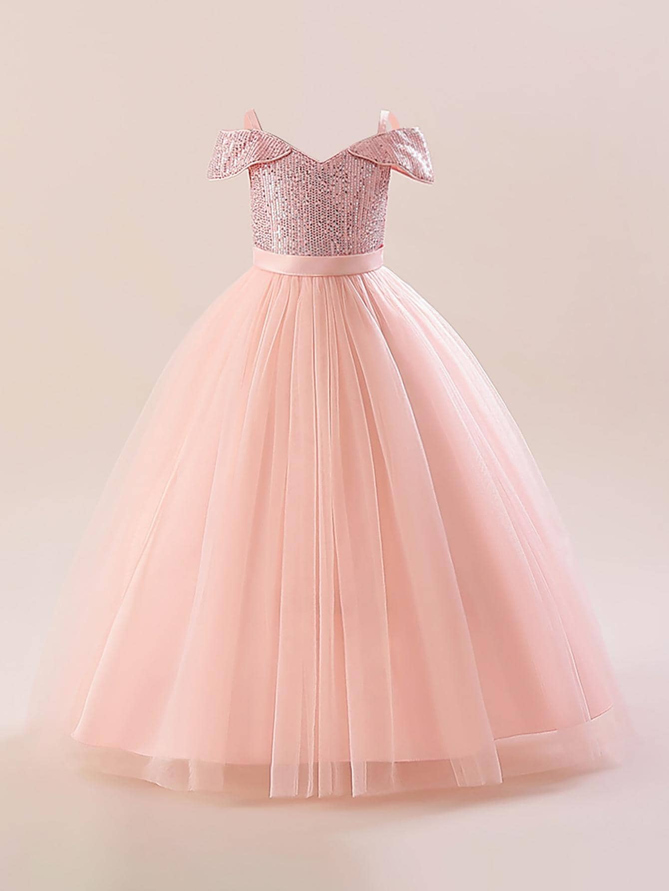 Tween Girl Elegant Long Sequined Off-Shoulder Party Dress - Fit & Flare, High Waist, Ball Gown