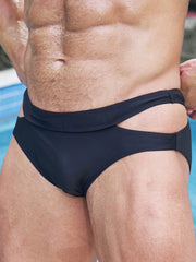 Men's High Stretch Cut Out Waist Swim Briefs - Plain Pattern, Hand Wash, 20% Elastane