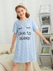 Tween Girl Casual Cartoon Nightdress - Short Sleeve, Long Length, Round Neck