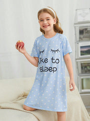 Tween Girl Casual Cartoon Nightdress - Short Sleeve, Long Length, Round Neck