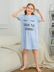 Tween Girl Casual Cartoon Nightdress - Short Sleeve, Long Length, Round Neck