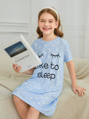 Tween Girl Casual Cartoon Nightdress - Short Sleeve, Long Length, Round Neck