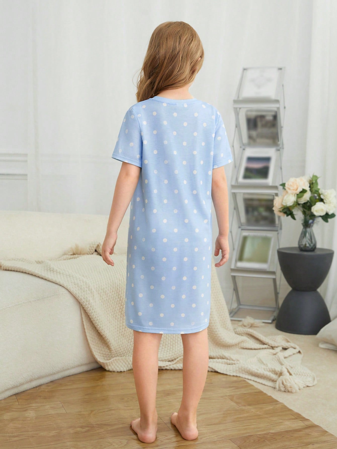 Tween Girl Casual Cartoon Nightdress - Short Sleeve, Long Length, Round Neck