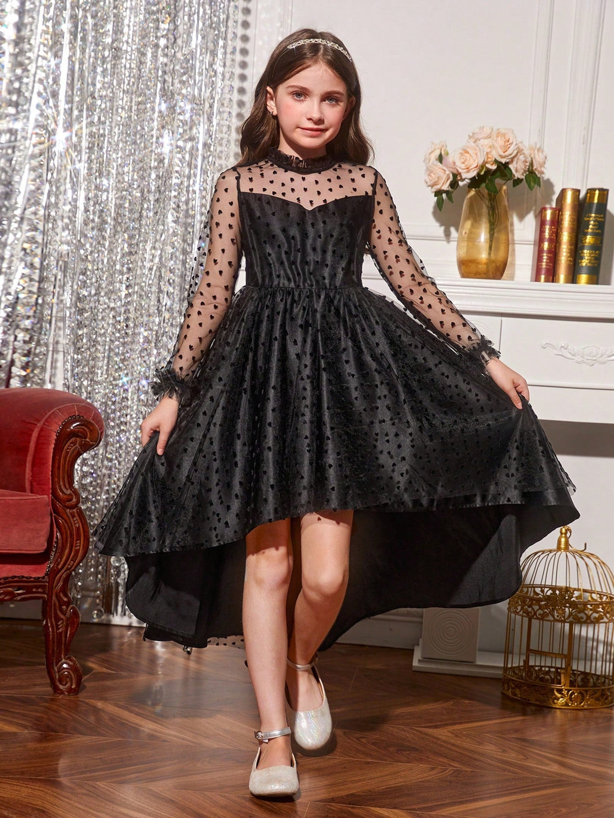 Tween Girl Christmas Party Dress - Fuzzy Cuff, Heart Print, Mesh Overlay, Maxi Length