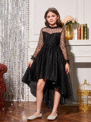 Tween Girl Christmas Party Dress - Fuzzy Cuff, Heart Print, Mesh Overlay, Maxi Length