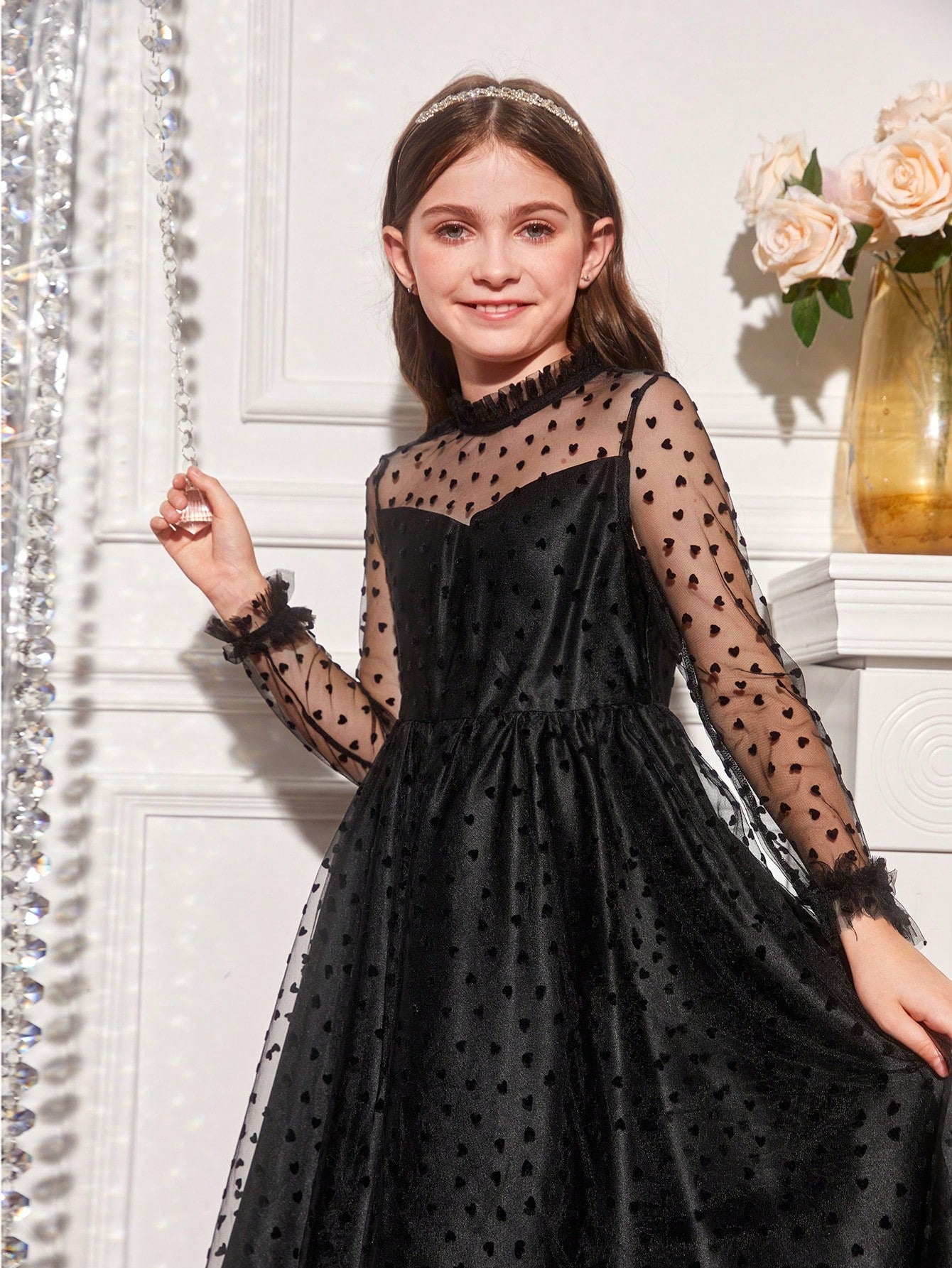 Tween Girl Christmas Party Dress - Fuzzy Cuff, Heart Print, Mesh Overlay, Maxi Length