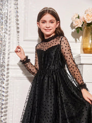 Tween Girl Christmas Party Dress - Fuzzy Cuff, Heart Print, Mesh Overlay, Maxi Length