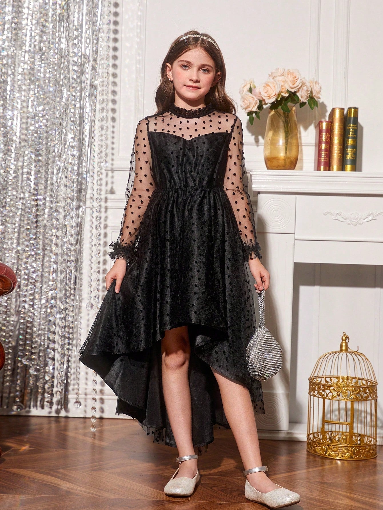 Tween Girl Christmas Party Dress - Fuzzy Cuff, Heart Print, Mesh Overlay, Maxi Length