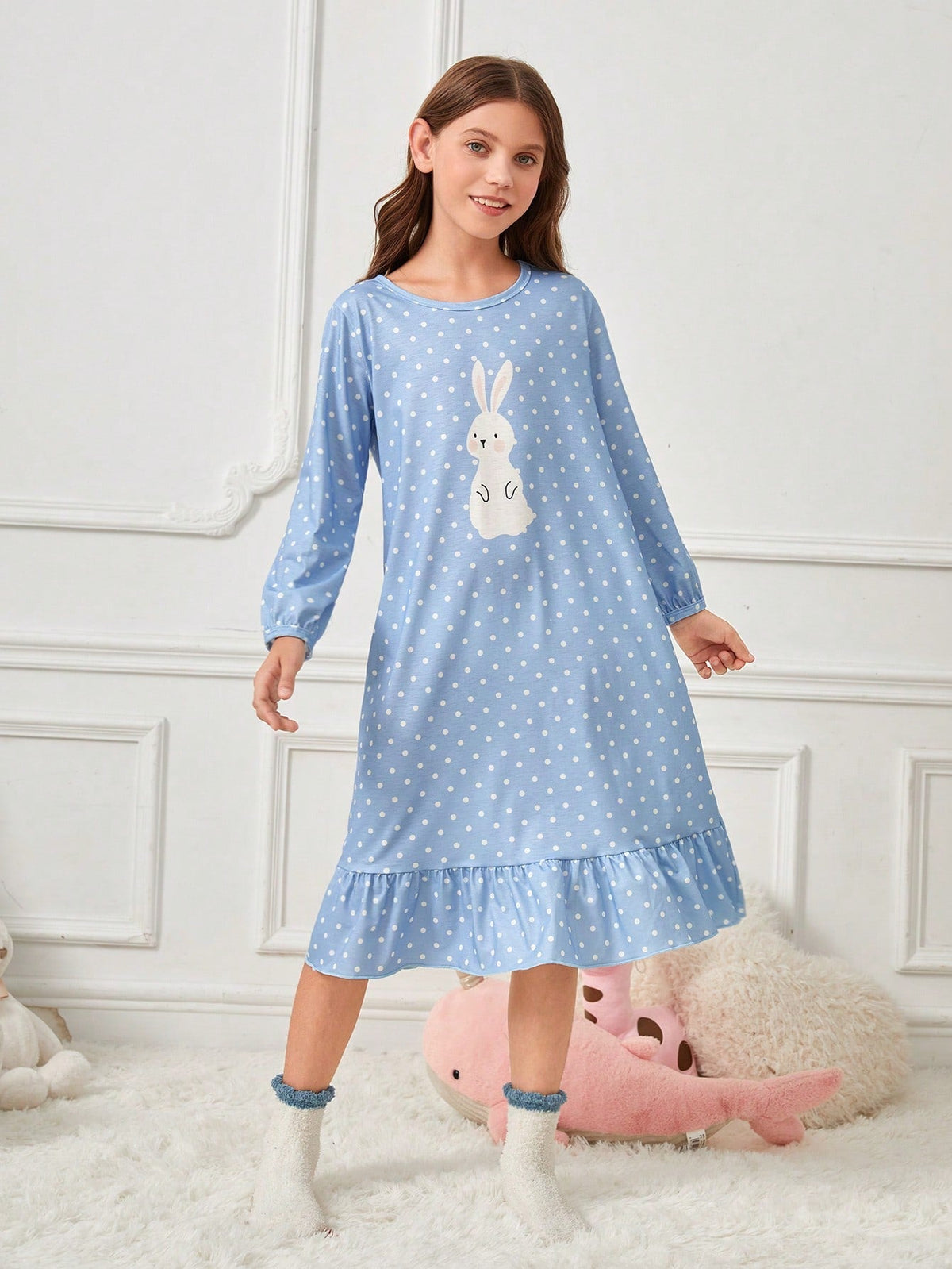 Cute Tween Girl Polka Dot Rabbit Print Long Sleeve Ruffle Hem Nightdress