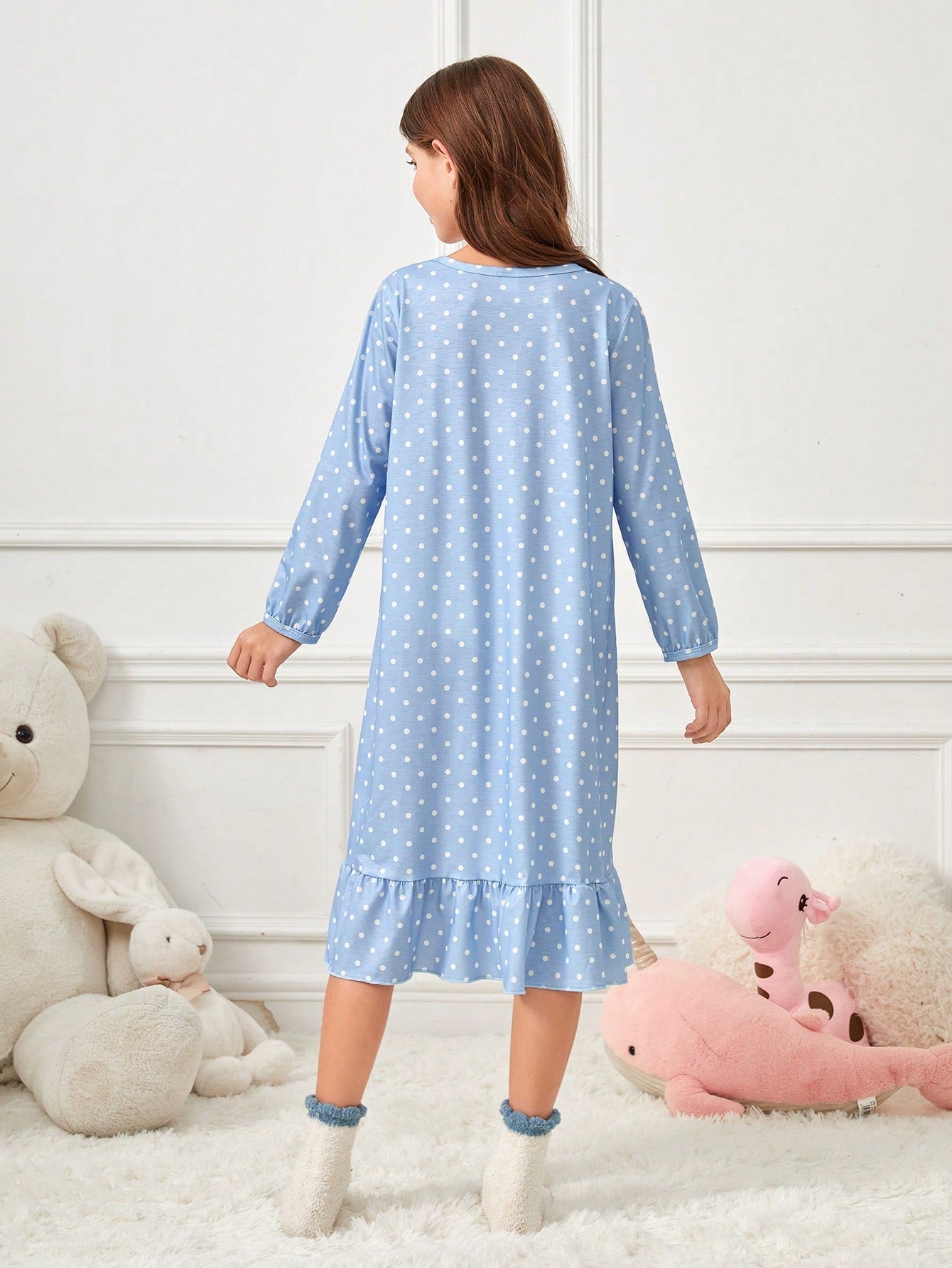 Cute Tween Girl Polka Dot Rabbit Print Long Sleeve Ruffle Hem Nightdress