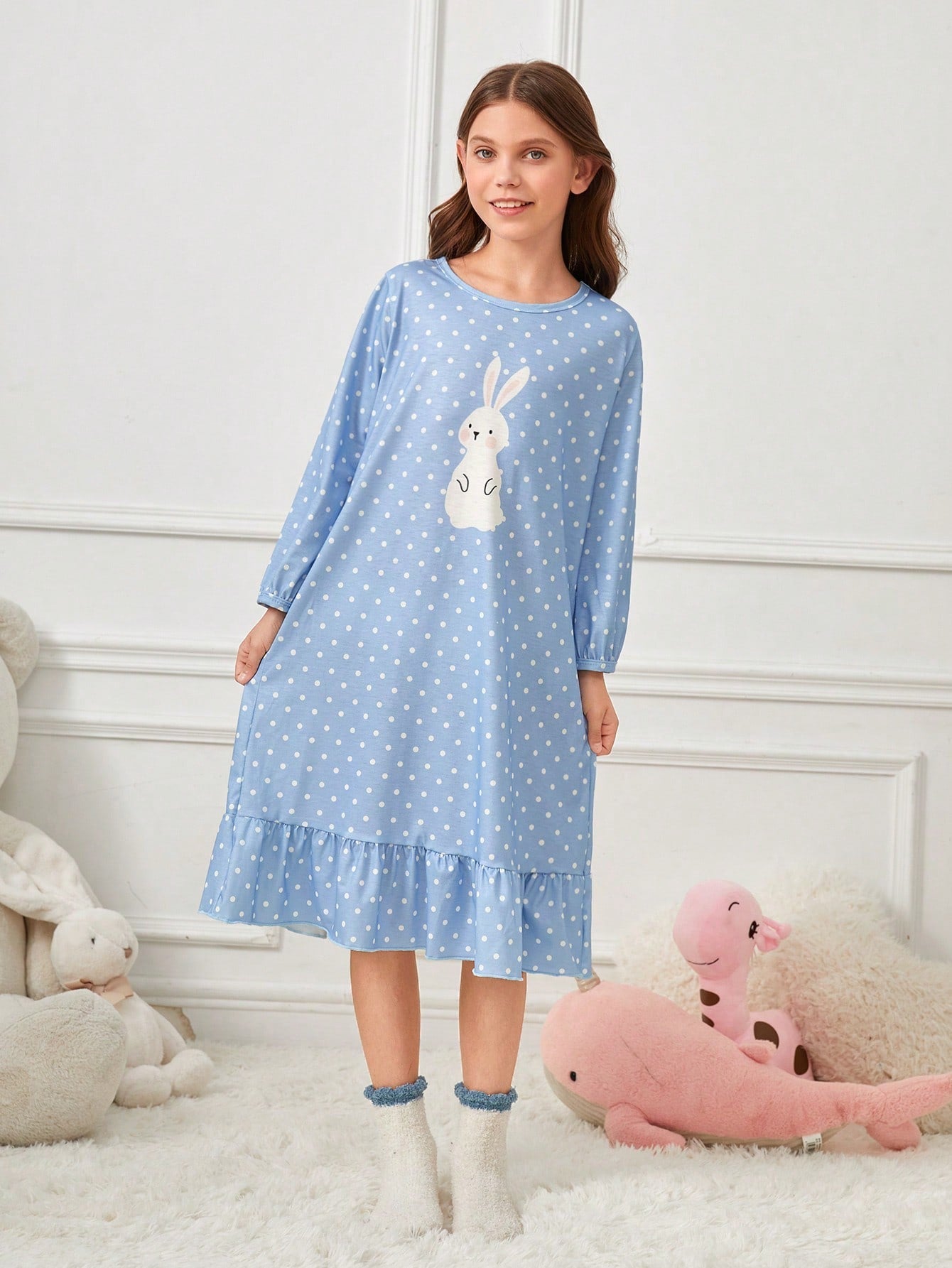 Cute Tween Girl Polka Dot Rabbit Print Long Sleeve Ruffle Hem Nightdress