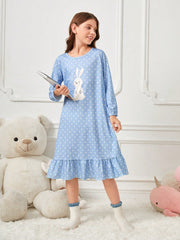 Cute Tween Girl Polka Dot Rabbit Print Long Sleeve Ruffle Hem Nightdress