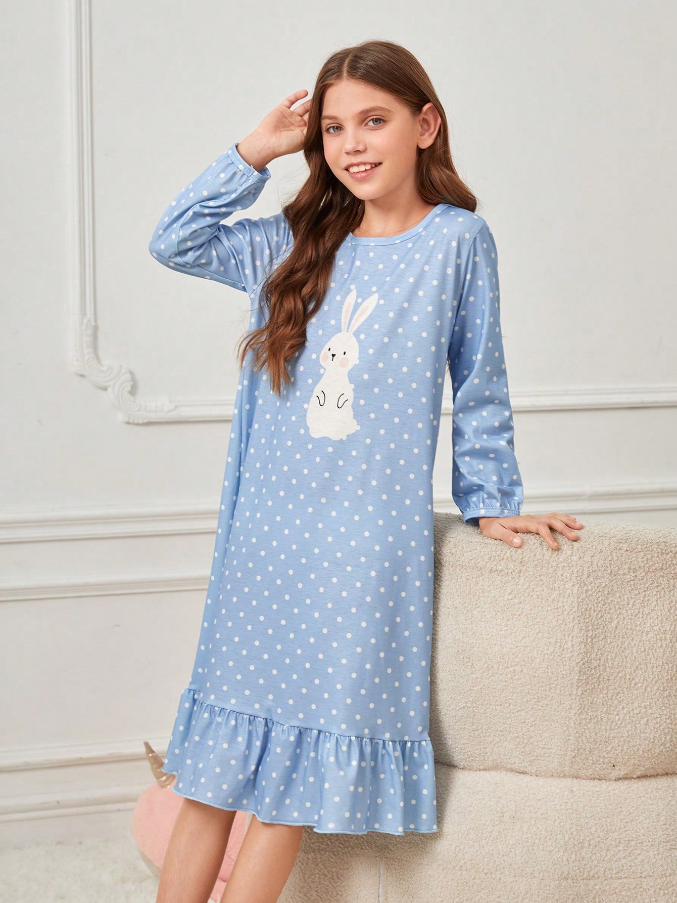 Cute Tween Girl Polka Dot Rabbit Print Long Sleeve Ruffle Hem Nightdress