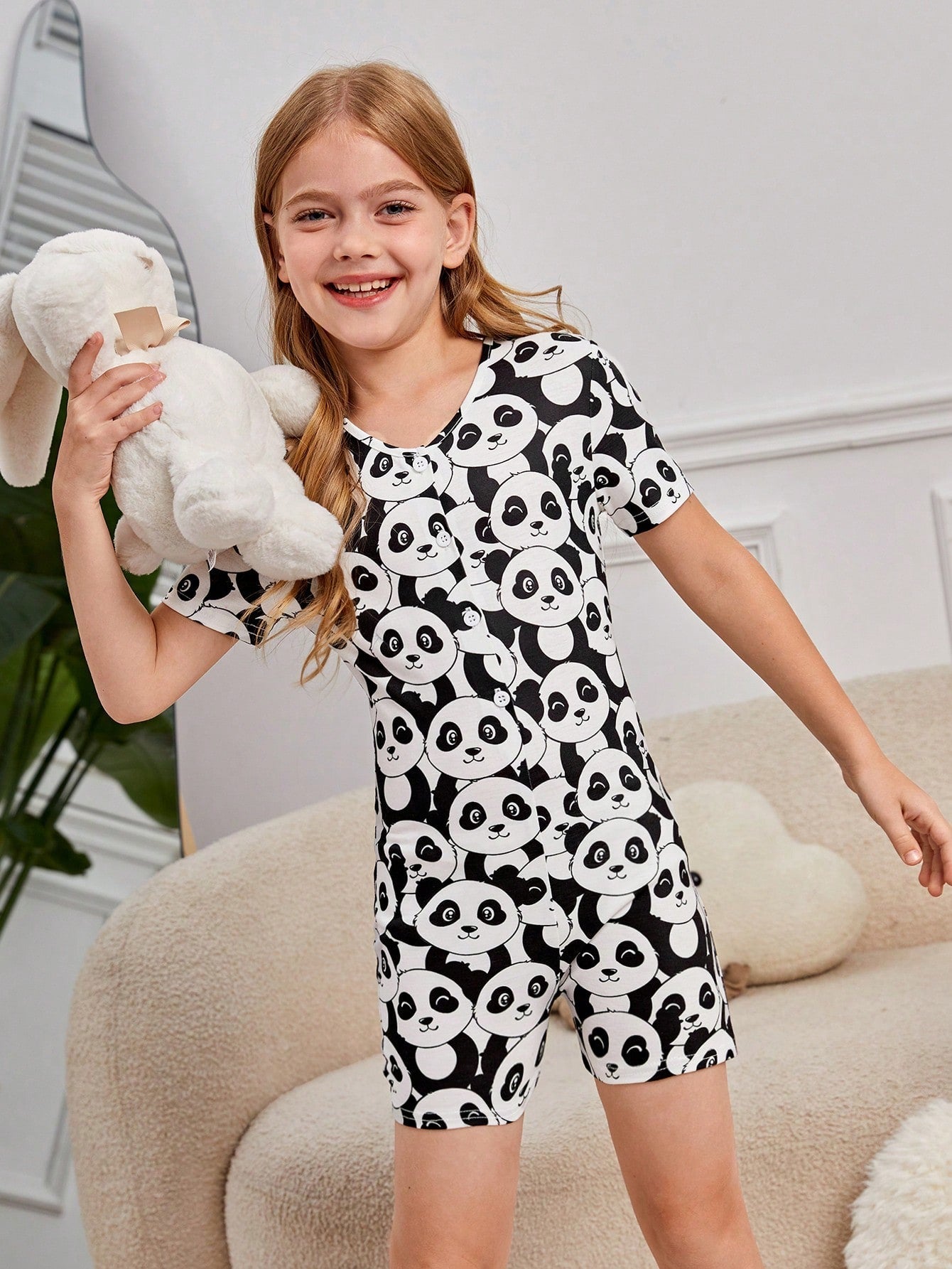 Cute Tween Girl Panda Print PJ Set - V Neck, Button Front, Short Sleeve, 2 Piece