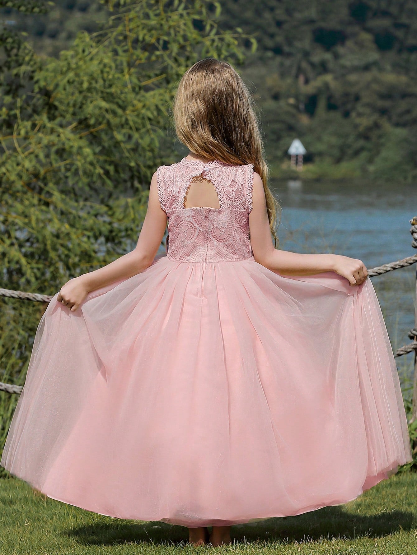 Champagne Lace & Mesh Sleeveless Formal Dress for Tween Girls - Wedding/Party