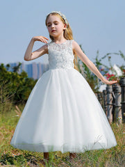 Tween Girl Backless Mesh Dress with Floral Applique - Perfect for Weddings & Parties