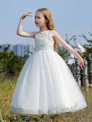 Tween Girl Backless Mesh Dress with Floral Applique - Perfect for Weddings & Parties