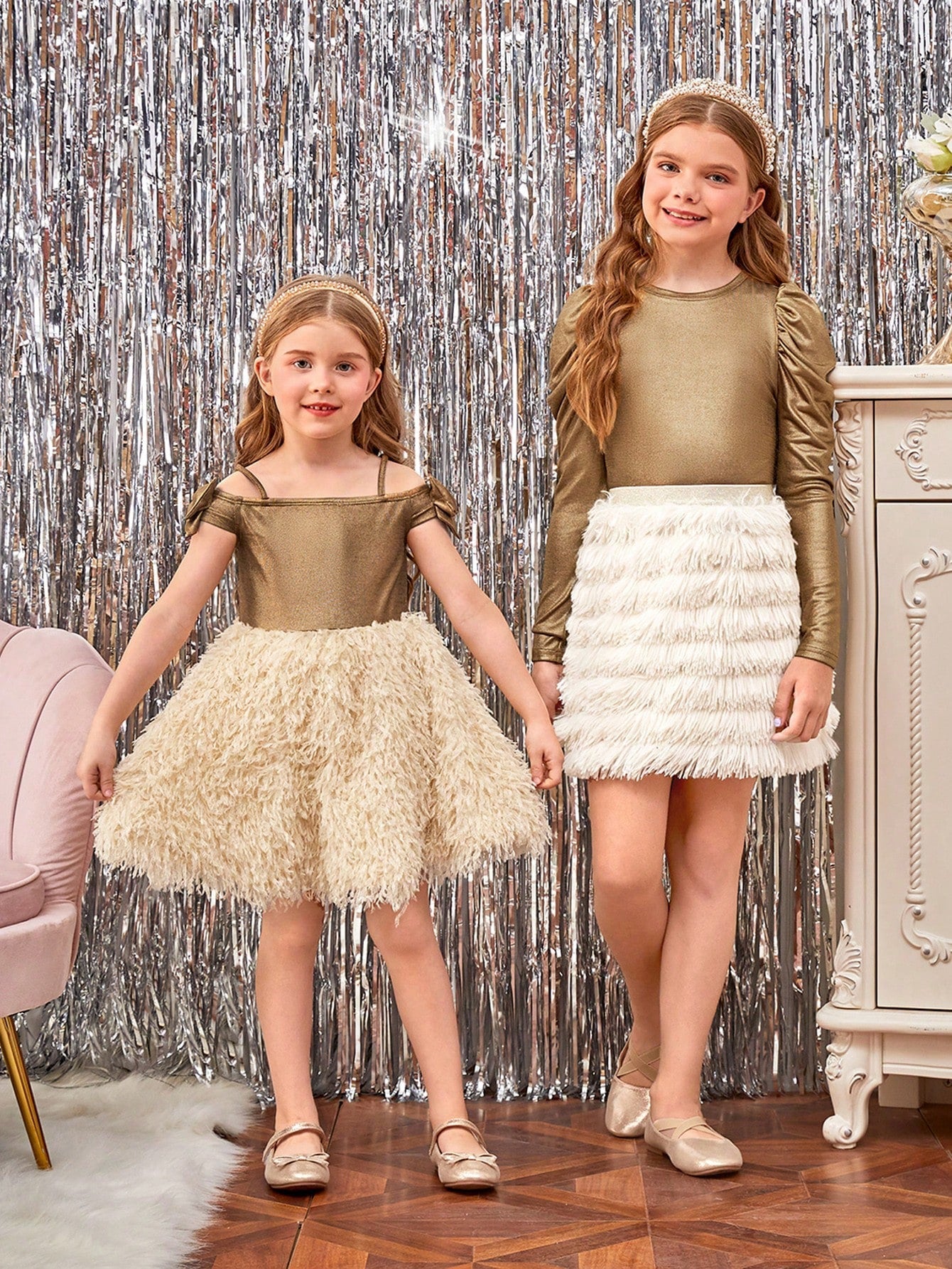 Tween Girl Fringe Trim Party Skirt - Faux Fur, Mini Length, Knitted Fabric, Regular Fit