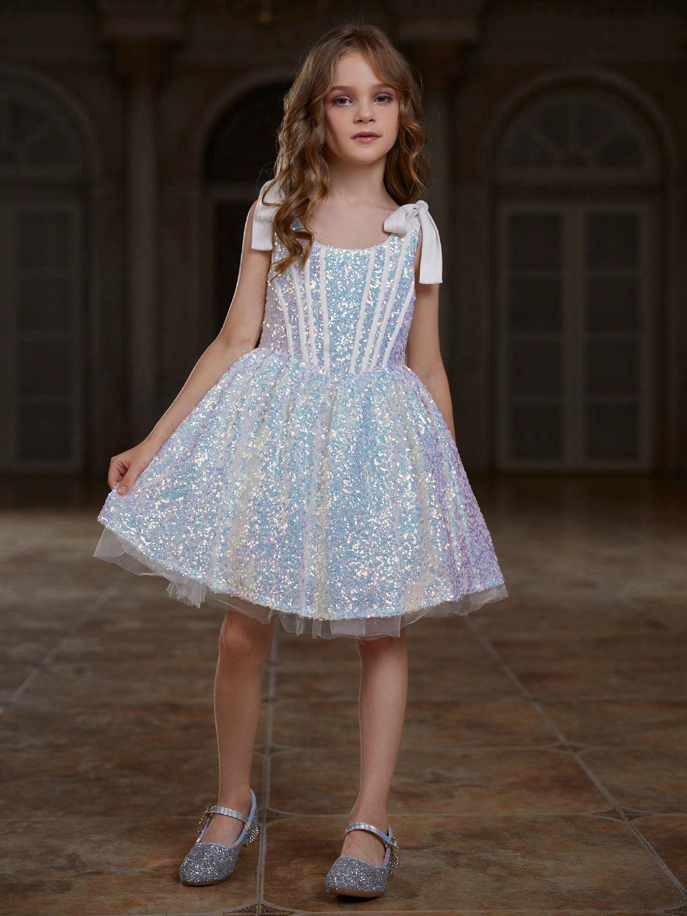 Tween Girl Shiny Sleeveless Party Dress - Fit & Flare, High Waist, Midi Length