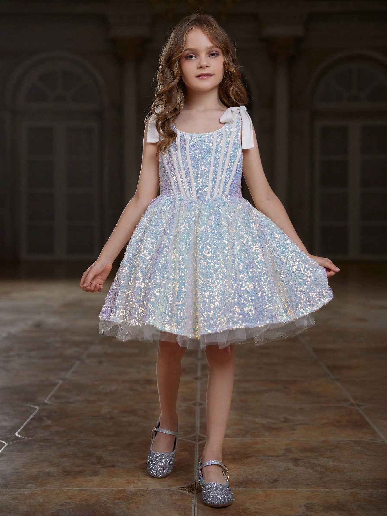 Tween Girl Shiny Sleeveless Party Dress - Fit & Flare, High Waist, Midi Length