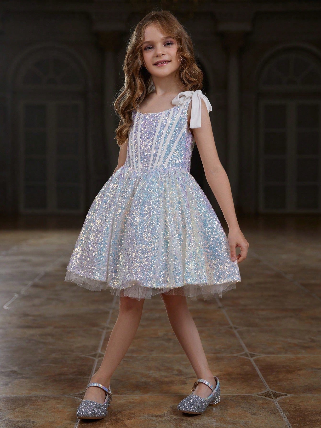 Tween Girl Shiny Sleeveless Party Dress - Fit & Flare, High Waist, Midi Length